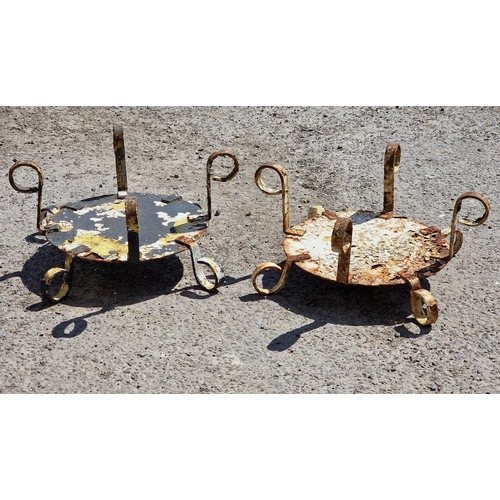 1171 - Pair of scrolled iron plant stands with distressed paintwork, W 35cm (2)