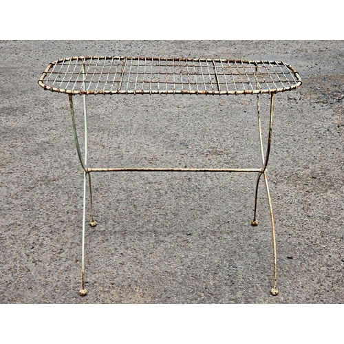 1185 - Antique painted iron garden table with wirework top, H74cm x W 92cm