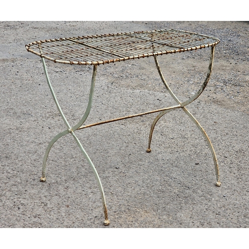 1185 - Antique painted iron garden table with wirework top, H74cm x W 92cm