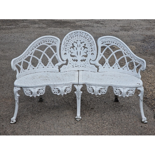 1186 - Painted cast aluminium three seat garden bench with lattice seat and decorative pierced detail,  H 9... 