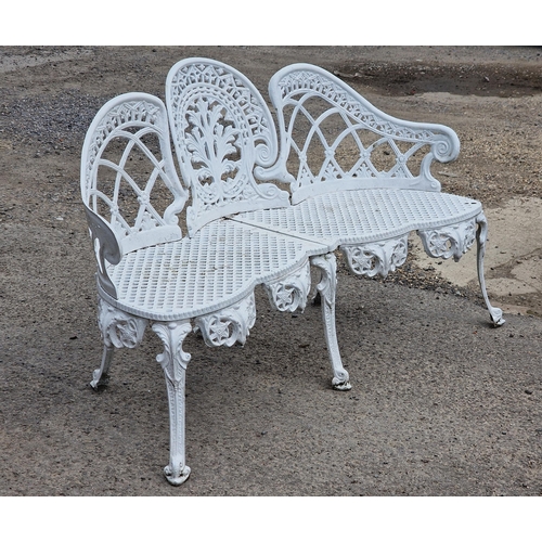 1186 - Painted cast aluminium three seat garden bench with lattice seat and decorative pierced detail,  H 9... 