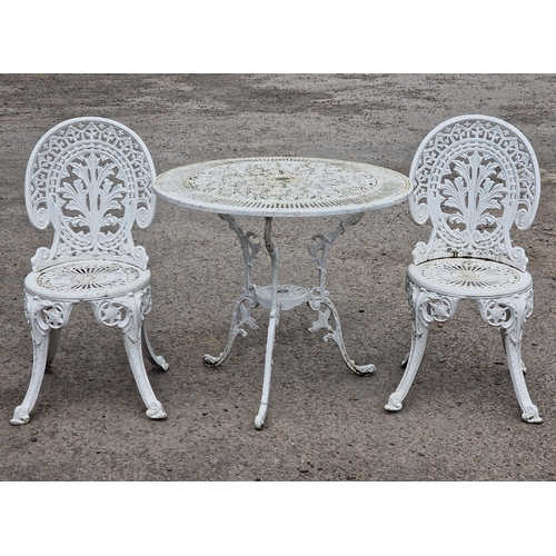 1187 - Painted cast aluminium three piece garden terrace set with decorative pierced and scrolling detail t... 