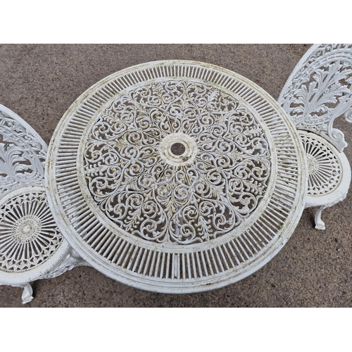 1187 - Painted cast aluminium three piece garden terrace set with decorative pierced and scrolling detail t... 