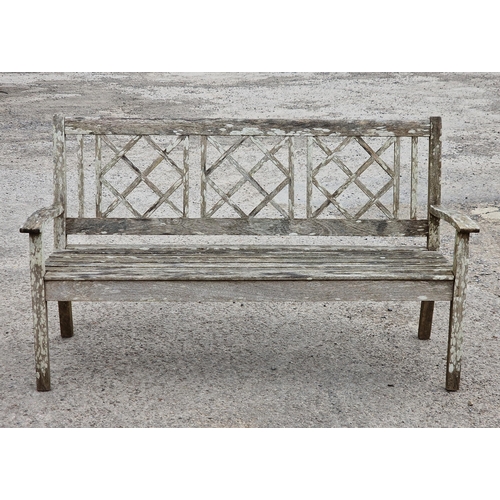 1189 - Teak garden bench with slatted seat and lattice design back, H 90cm x W 157cm