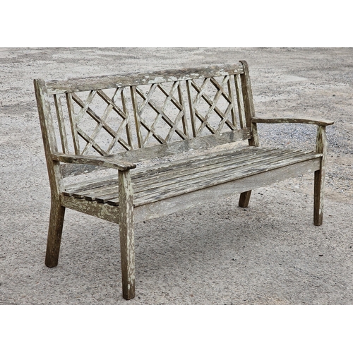 1189 - Teak garden bench with slatted seat and lattice design back, H 90cm x W 157cm