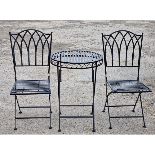 1191 - Painted folding metal three piece terrace set with strapwork detail, H 75cm x W 53cm (table), H 94cm... 