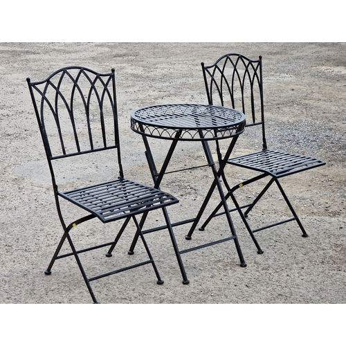 1191 - Painted folding metal three piece terrace set with strapwork detail, H 75cm x W 53cm (table), H 94cm... 