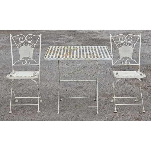 1193 - Painted metal three piece folding terrace set with scrolled and pierced detail, H 75cm x W 80cm  (ta... 