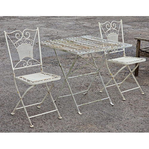 1193 - Painted metal three piece folding terrace set with scrolled and pierced detail, H 75cm x W 80cm  (ta... 