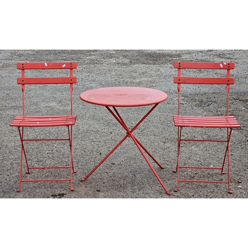 1195 - Painted metal folding three piece bistro set, H 62cm x W 59cm (table), H 82cm (chair) (3)