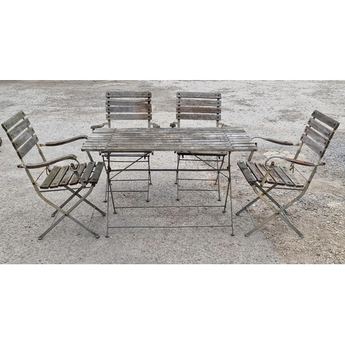 1200 - Five piece metal garden furniture set to include table with slatted top, H 72cm x W 122cm and four c... 