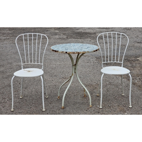 1203 - Three piece metal bistro set to include glass tile-top table H 75cm x W 60cm and two chairs, H 87cm ... 