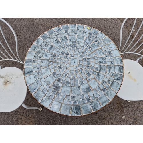 1203 - Three piece metal bistro set to include glass tile-top table H 75cm x W 60cm and two chairs, H 87cm ... 