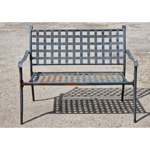 1204 - Metal two seat garden bench with strapwork seat and back, H 86cm x 120cm