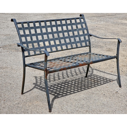 1204 - Metal two seat garden bench with strapwork seat and back, H 86cm x 120cm