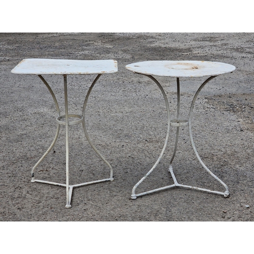 1205 - Two similar painted metal garden tables raised on swept tripod bases, H 70cm (2)