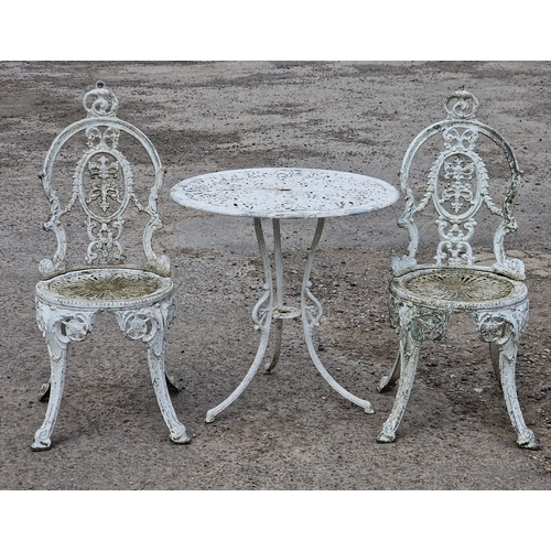 1206 - Painted cast aluminium three piece terrace set with pierced detail, H 65cm x W 65cm (table), H 92cm ... 