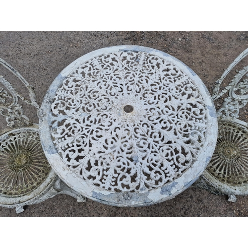 1206 - Painted cast aluminium three piece terrace set with pierced detail, H 65cm x W 65cm (table), H 92cm ... 