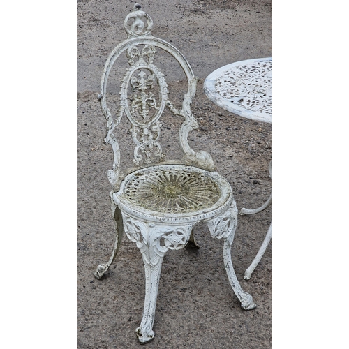 1206 - Painted cast aluminium three piece terrace set with pierced detail, H 65cm x W 65cm (table), H 92cm ... 