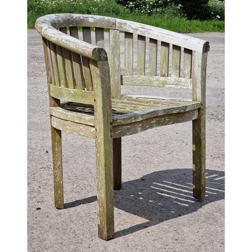 1208 - Weathered teak curved banana chair with slatted seat and back, H 80cm x W 72cm