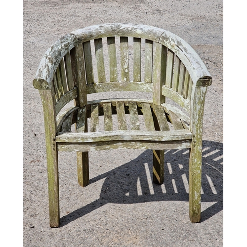 1208 - Weathered teak curved banana chair with slatted seat and back, H 80cm x W 72cm