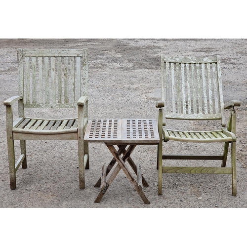 1211 - Teak garden chair with slatted seat and back, H 95cm, together with a teak folding garden chair and ... 