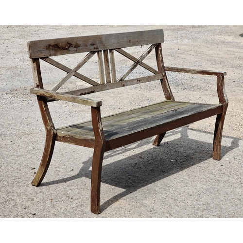 1212 - Stained teak garden bench with X frame back, stamped Charlston Collection, H 88cm x W 125cm