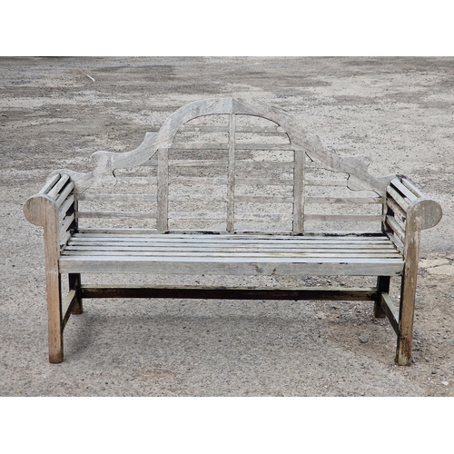 1215 - Teak Lutyens style bench with slatted seat and back, H 103cm x W 168cm