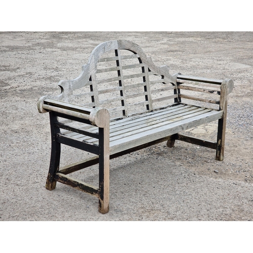 1215 - Teak Lutyens style bench with slatted seat and back, H 103cm x W 168cm