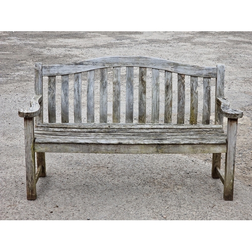 1216 - Teak garden bench with slatted seat and back, stamped Alexander Rose, H 97cm x W 155cm