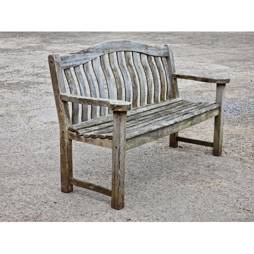 1216 - Teak garden bench with slatted seat and back, stamped Alexander Rose, H 97cm x W 155cm