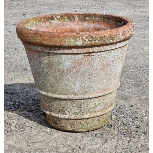 1220 - A large weathered terracotta planter with banded detail, H 52cm x W 55cm