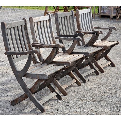 1222 - Set of four folding teak garden armchairs with slatted seats and backs, stamped Bridgman, H 93cm (4)... 