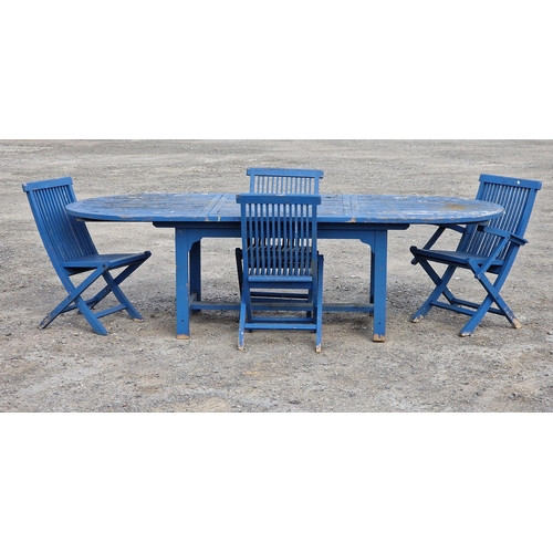 1223 - Painted teak extending garden table and four painted teak chairs (3+1) with slatted seats and backs,... 