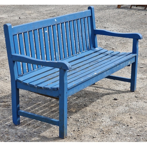 1224 - Painted teak garden bench with slatted seat and back, H 91cm x W 150cm  D 62cm (AF)