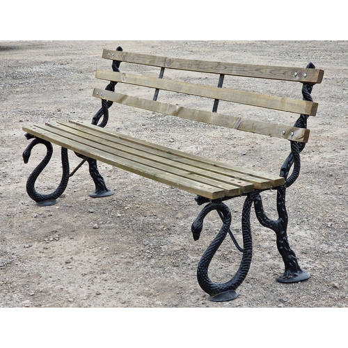 1228 - Good quality Victorian style cast iron garden bench of serpent design with slatted seat and back, H ... 