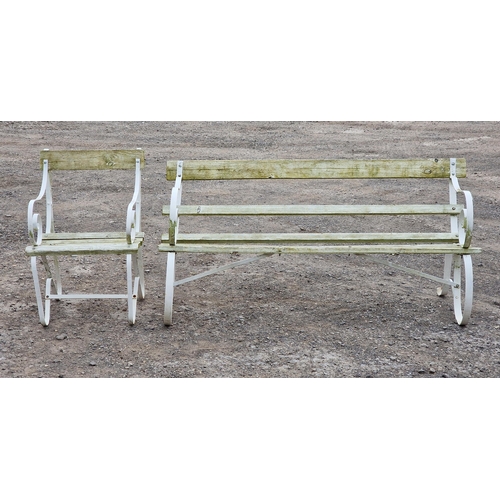 1230 - Regency style painted iron strapwork garden bench with slatted seat and back, H 80cm x W 150cm, toge... 