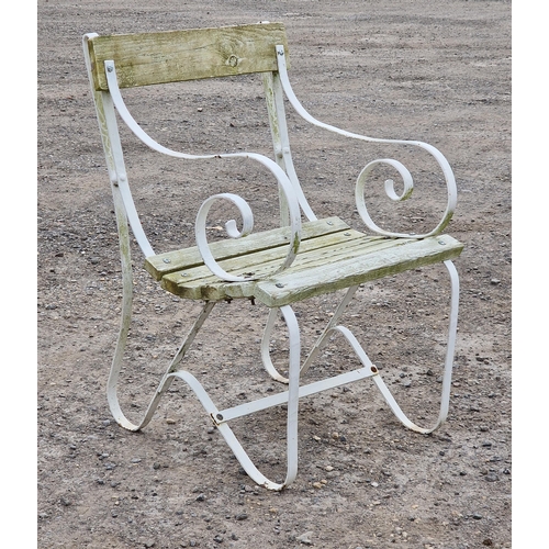 1230 - Regency style painted iron strapwork garden bench with slatted seat and back, H 80cm x W 150cm, toge... 