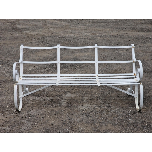 1231 - Good quality Regency style painted iron strapwork bench, H 74cm x W 153cm x D 75cm