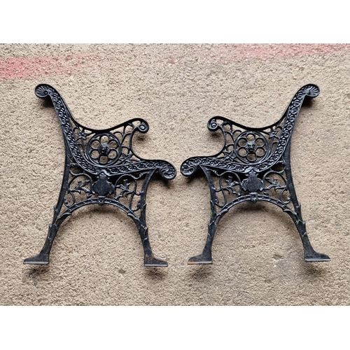 1236 - Pair of painted cast iron bench ends with pierced scrolling detail, H 71cm