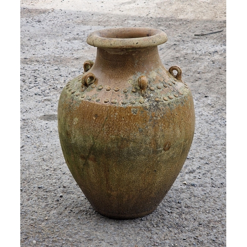 1238 - Glazed terracotta amphora urn with raised ring and studded detail, H 52cm