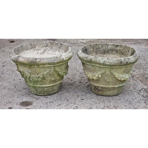 1239 - Pair of weathered reconstituted stone garden planters with fruiting swag detail, H 33cm x W 49cm (2)