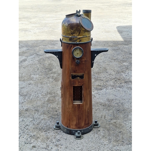 1240 - Antique brass and teak ships compass binnacle (lacks compass) stamped 'PATT 196Z BINNACLE', H 131cm