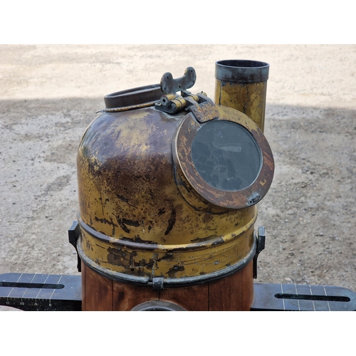 1240 - Antique brass and teak ships compass binnacle (lacks compass) stamped 'PATT 196Z BINNACLE', H 131cm