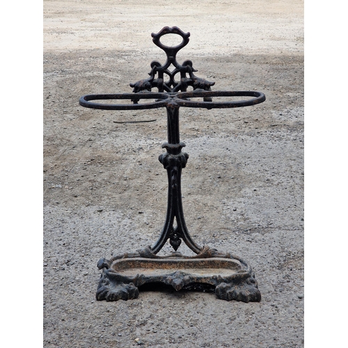 1241 - Victorian painted cast iron umbrella stand with removeable tray, H 75cm