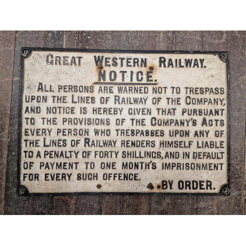 2485 - Vintage cast iron Great Western Railway notice sign with original paintwork, H 51cm x W 74cm