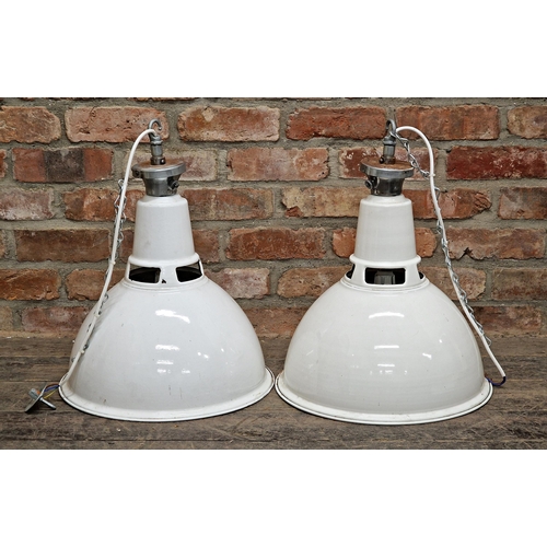 2364 - Pair of vintage industrial enamel pendant lights, H 47cm (2)