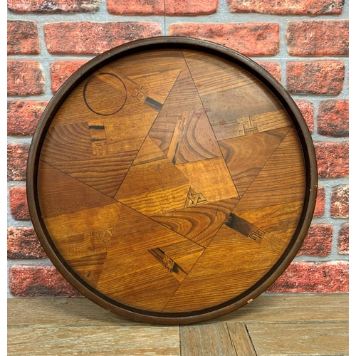 2192 - Parquetry Oak Circular Geometric English Tray made in the Japanese influence, 1920/30s having an ebo... 