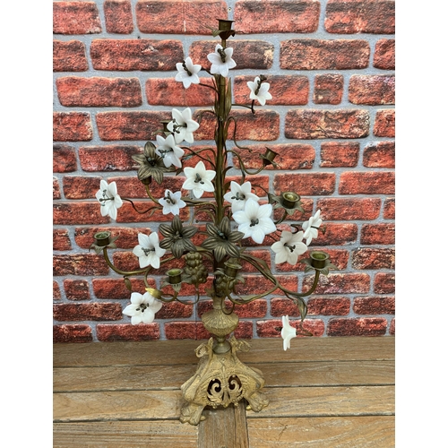 2384 - Lovely 19th Century gilded bronze French alter candelabra with milk glass flowers, H92cm