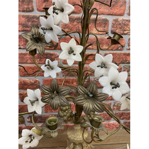 2384 - Lovely 19th Century gilded bronze French alter candelabra with milk glass flowers, H92cm